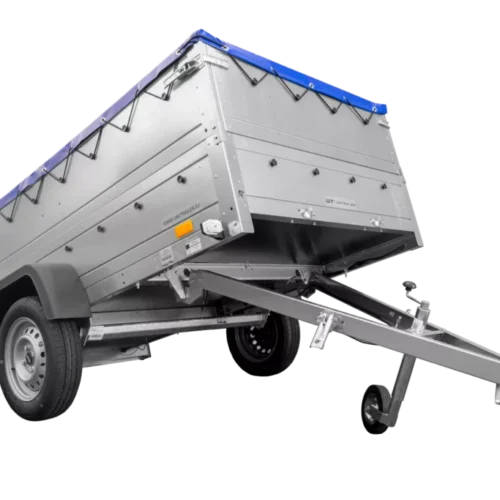 Anhänger mit faltbarer Deichsel GARDEN TRAILER 230 KIPP mit zusätzlichen Bordwänden, Stützrad und blauer Flachplane