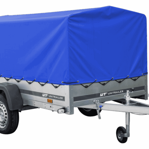Auto Anhänger 230×125 Garden Trailer 230 KIPP Unitrailer 750 kg mit Stützrad, blauer Hochplane und Hochspriegel