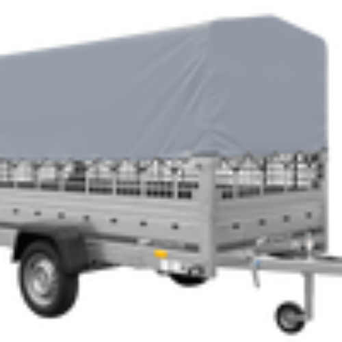 1-Achs-Anhänger GARDEN TRAILER 264 KIPP mit Laubgitteraufsatz, grauer Hochplane, Hochspriegel und Stützrad