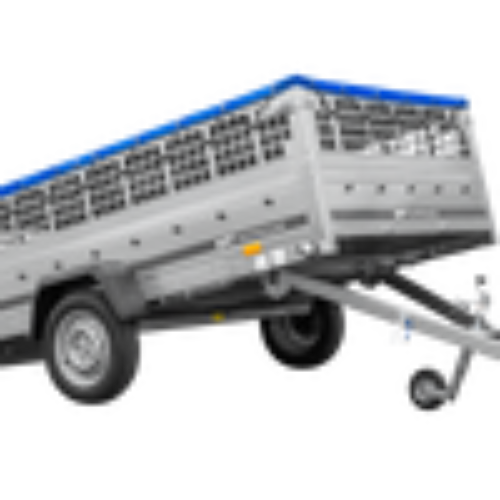 Anhänger 264×150 UNITRAILER GARDEN 265 KIPP mit Gitteraufsatz, Flachplanenträgern und blauer Plane