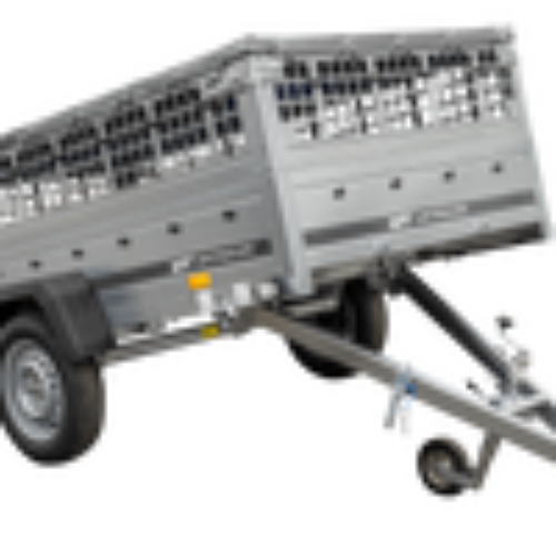 GARTENANHÄNGER 230 KIPP MIT STÜTZRAD, GITTERWAND UND GRAUER FLACHPLANE