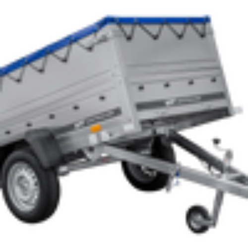 Gartenanhänger 200 Kipp mit Stützrad, zwei Seitenwänden, H-0-Rahmen und blauer Plane