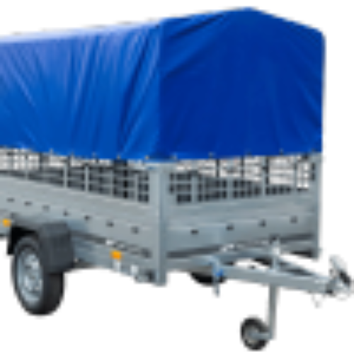 PKW-Anhänger auf Federn 230×125 UNITRAILER GARDEN 230/R KIPP mit Gitterwänden, H-800-Rahmen und blauer Plane