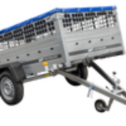 Pkw Transport Anhänger 230×125 Garden Trailer 230 KIPP mit Laubgitteraufsatz, blauer Flachplane, Planenträgern und Stützrad