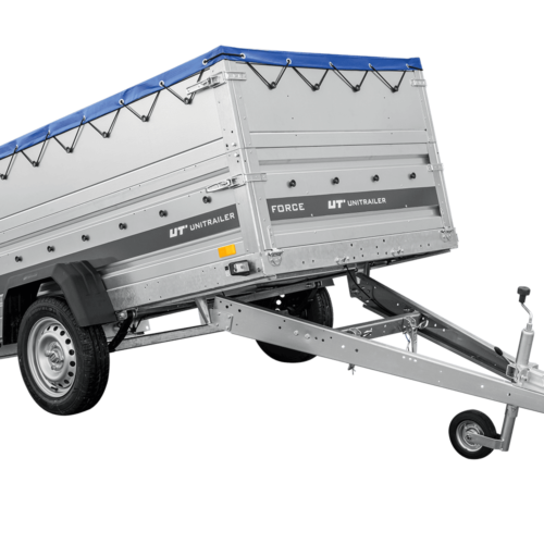 Autotransportanhänger auf Federn 230×125 UNITRAILER FORCE 230/R KIPP mit BIS-Seitenwänden, H-0-Rahmen und blauer Plane