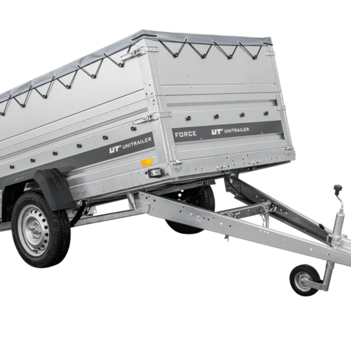 Autotransportanhänger auf Federn 230×125 UNITRAILER FORCE 230/R KIPP mit BIS-Seitenwänden, H-0-Rahmen und grauer Plane