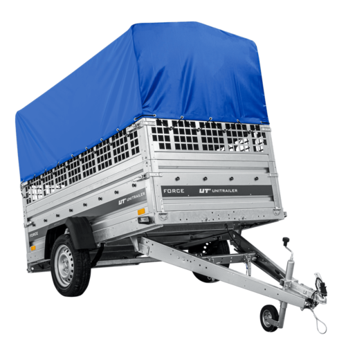 Autotransportanhänger auf Federn 230×125 UNITRAILER FORCE 230/R KIPP mit Gitterwänden, H-800 Rahmen und blauer Plane