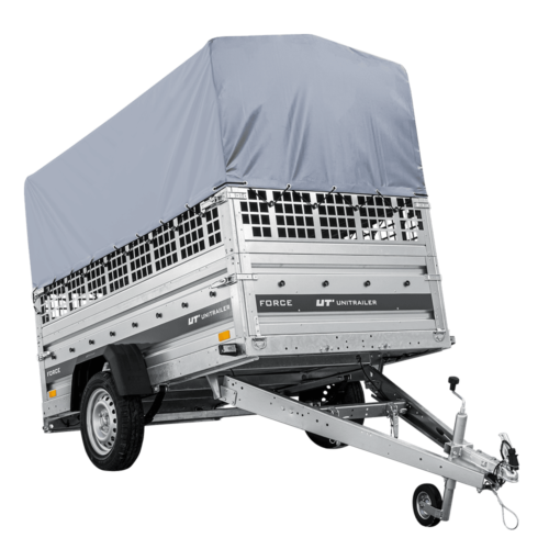 Autotransportanhänger auf Federn 230×125 UNITRAILER FORCE 230/R KIPP mit Gitterwänden, H-800 Rahmen und grauer Plane