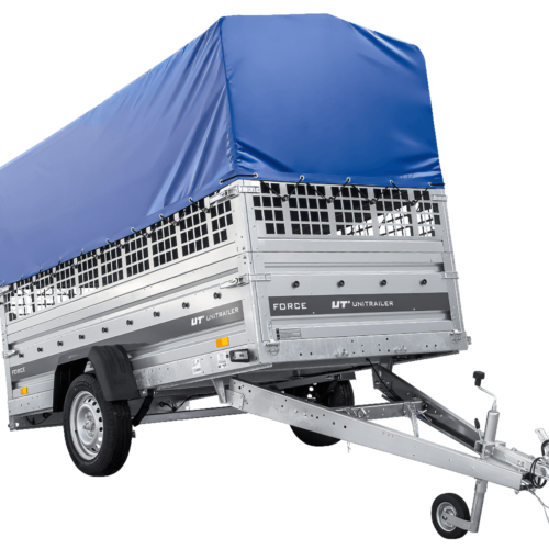 Autotransportanhänger auf Federn 264×125 UNITRAILER FORCE 264/R KIPP mit Gitterwänden, H-800 Rahmen und blauer Plane