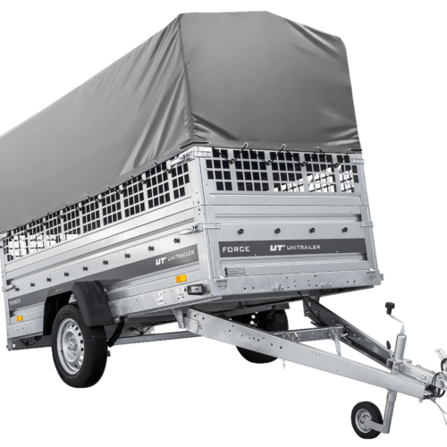 Autotransportanhänger auf Federn 264×125 UNITRAILER FORCE 264/R KIPP mit Gitterwänden, H-800 Rahmen und grauer Plane