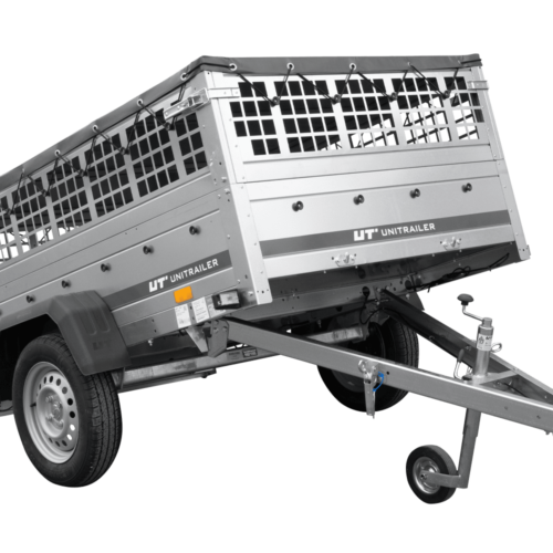 Einachsanhänger 200×125 UNITRAILER GARDEN 201 KIPP mit Gitterseitenwänden und grauer Abdeckung