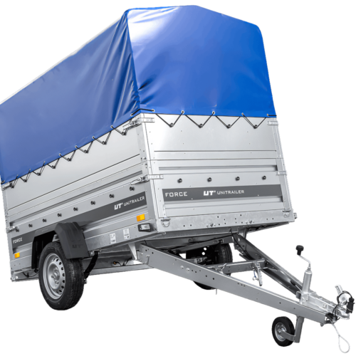 Einachsiger Anhänger auf Blattfedern 230×125 UNITRAILER FORCE 230/R KIPP mit BIS-Seitenwänden, H-800-Rahmen und blauer Plane