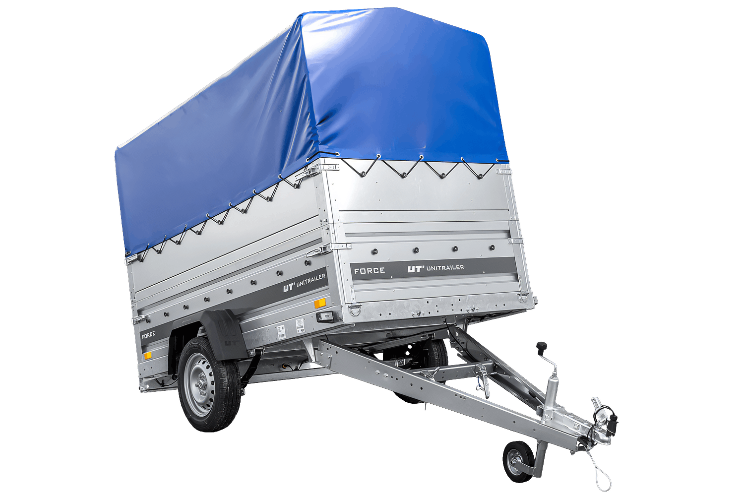 Einachsiger Anhänger auf Blattfedern 230x125 UNITRAILER FORCE 230/R KIPP mit BIS-Seitenwänden, H-800-Rahmen und blauer Plane
