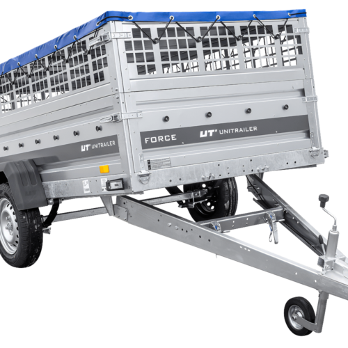 Einachsiger Anhänger auf Blattfedern 264×125 UNITRAILER FORCE 264/R KIPP mit Gitterseitenwänden, H-0-Rahmen und blauer Plane