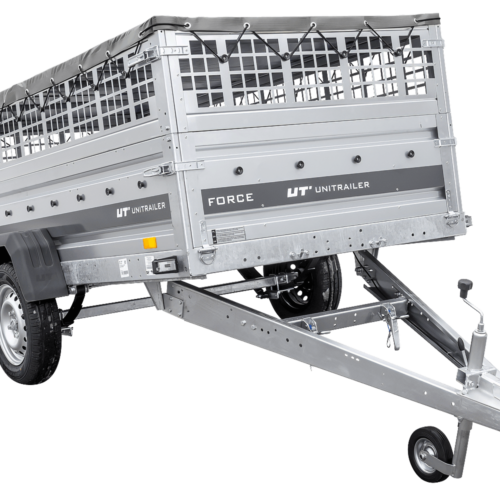 Einachsiger Anhänger auf Blattfedern 264×125 UNITRAILER FORCE 264/R KIPP mit Gitterseitenwänden, H-0-Rahmen und grauer Plane