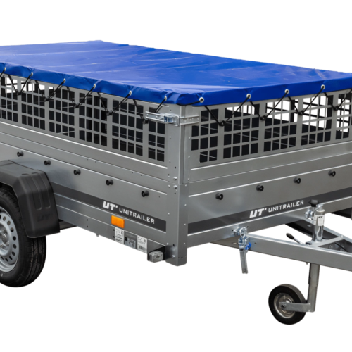 Einachsiger Anhänger auf Blattfedern 264×125 UNITRAILER GARDEN 264/R KIPP mit Gitterseitenwänden, H-0-Rahmen und blauer Plane