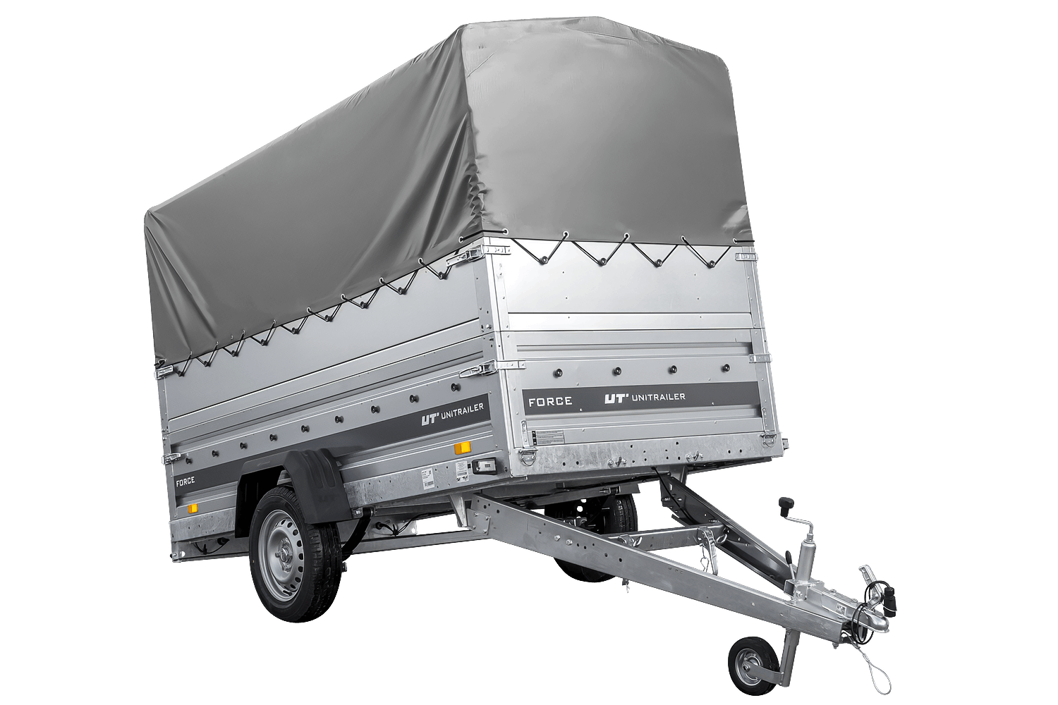 Leichter Anhänger auf Blattfedern 264x125 UNITRAILER FORCE 264/R KIPP mit BIS-Seitenwänden, H-800-Rahmen und grauer Plane