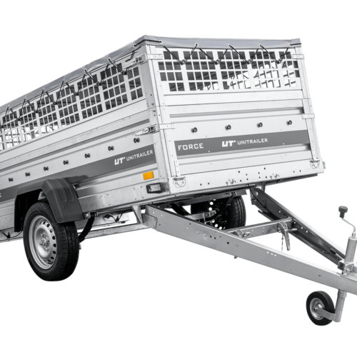 Leichter Anhänger auf Federn 230×125 UNITRAILER FORCE 230/R KIPP mit Gitterwänden, H-0-Rahmen und grauer Plane