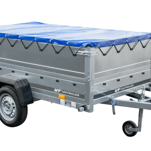 PKW-Anhänger auf Federn 230×125 UNITRAILER GARDEN 230/R KIPP mit BIS-Bordwänden, H-0-Rahmen und blauer Plane